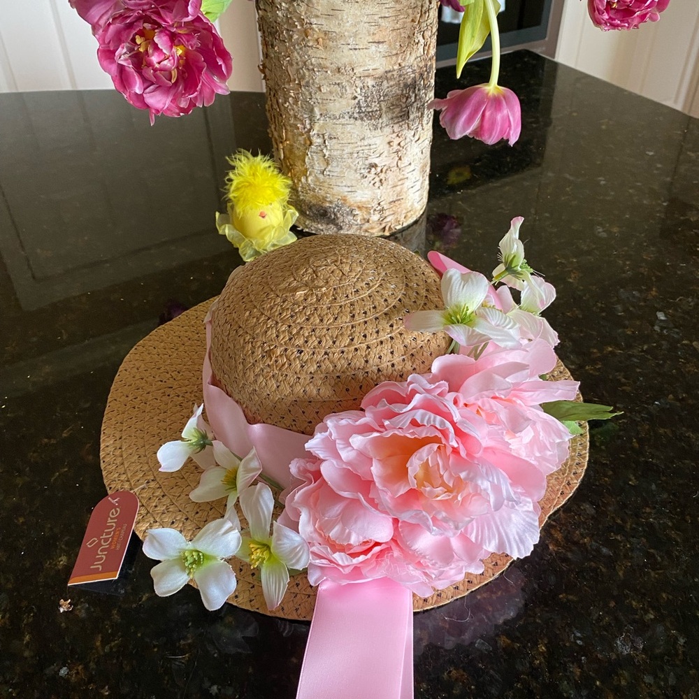 Women’s silk Floral Straw Hat with Pink Ribbon Easter spring